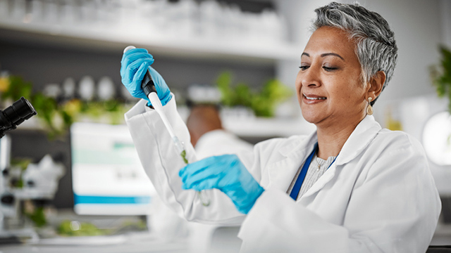 Cientista em laboratório analisa amostra vegetal com pipeta, representando pesquisa de produtos cruelty free para cosméticos.